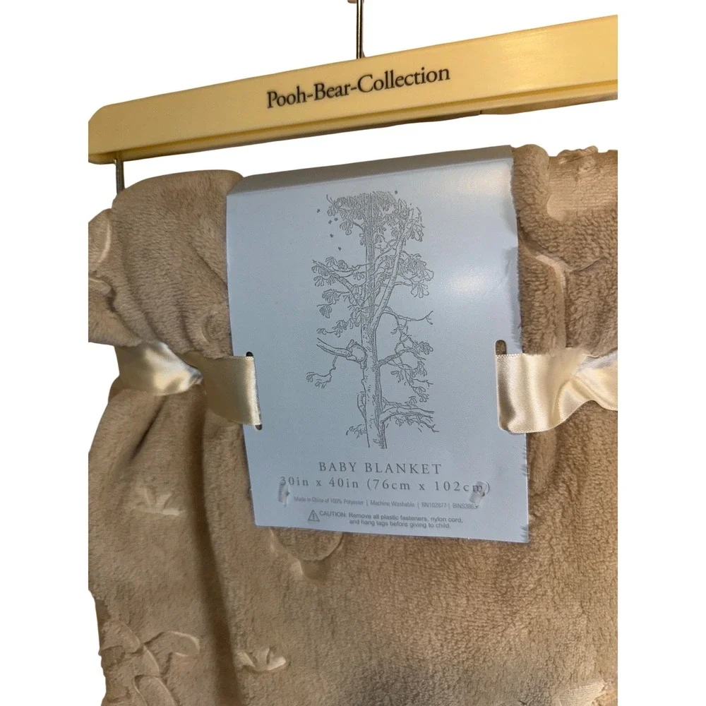 Disney Winnie the Pooh Bear Collection Tan Embossed Baby Blanket 30x40 Plush NEW